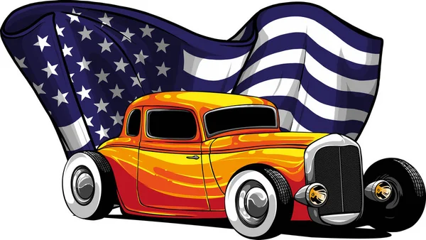 Ilustração Hot Rod Carro Com Bandeira Americana — Vetor de Stock