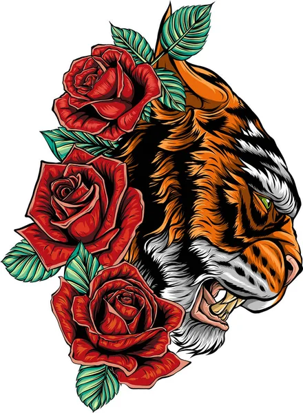 Illustration Vectorielle Tête Tigre Rugissante Tatouage Roses — Image vectorielle