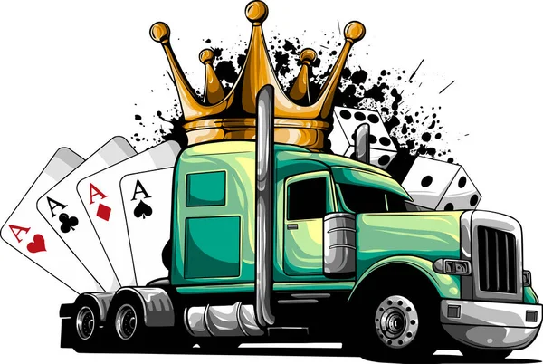 Ilustração Semi Caminhão Com Coroa Ases Poker — Vetor de Stock