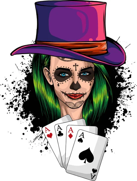 Illustration Girl Cap Head Poker Aces Vector White Background — Stock Vector