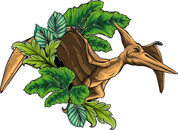 Ilustracja Pterodaktyla Dinozaura Liśćmi — Wektor stockowy