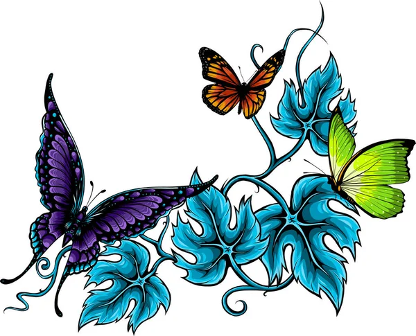 Illustration Von Schmetterlingen Und Blumen Isoliert Auf Weiß — Stockvektor