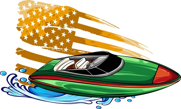 Illustratie Van Speedboot Zee Golven Met Amerikaanse Vlag — Stockvector