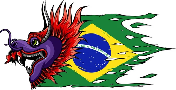 Векторная Голова Дракона Бразильским Флагом Белом Фоне — стоковый вектор