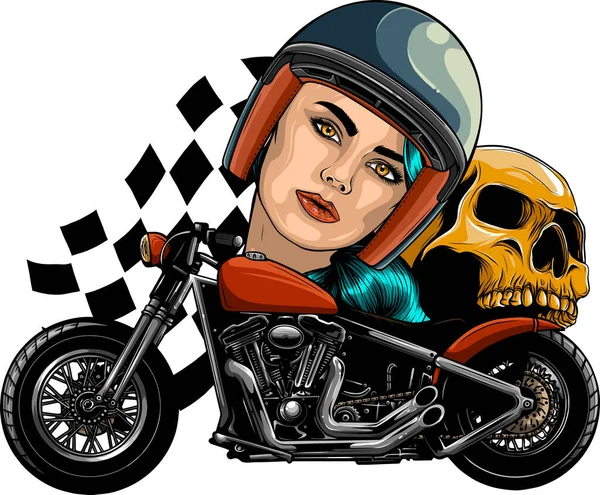 Femme Avec Crâne Moto Sur Fond Blanc — Image vectorielle
