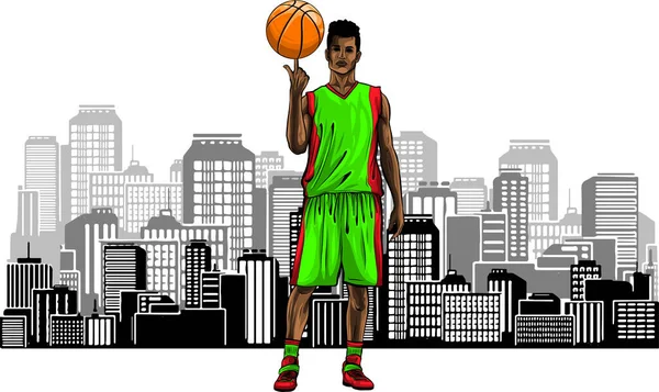 Иллюстрация Баскетболиста Фоне Города — стоковый вектор