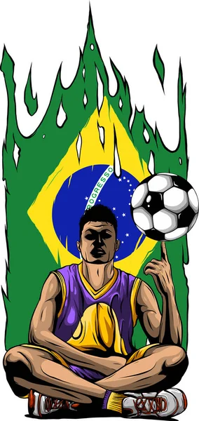 Illustratie Van Vlag Brazilië Met Voetballer — Stockvector