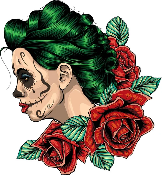 День Мертвої Барвистої Дівчини Цукрового Черепа Квітковим Орнаментом Квіткою — стоковий вектор