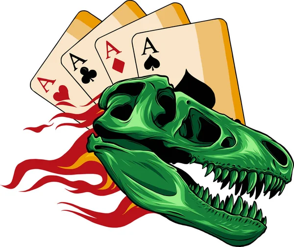 Illustration Dinosaurie Skull Med Lågor Och Poker Kort — Stock vektor