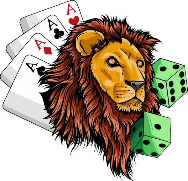 ポーカーのエースとダイスとライオンの頭のイラスト — ストックベクタ