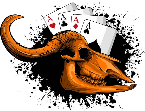 Illustration Crâne Vache Vwith Poker Aces — Image vectorielle