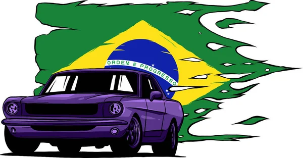 Иллюстрация Мышечного Автомобиля Бразильским Флагом — стоковый вектор