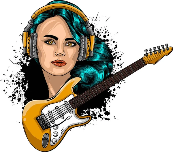 Ilustrasi Gadis Dengan Gitar Listrik - Stok Vektor