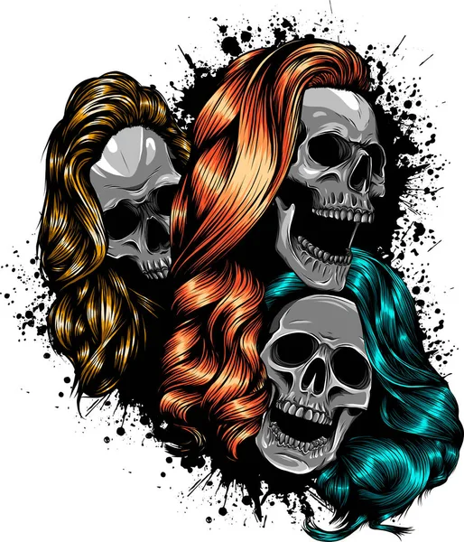 Illustration Crânes Femme Aux Cheveux Longs — Image vectorielle