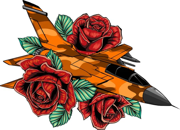 Illustration Von Militärflugzeugen Mit Rosenblüte — Stockvektor