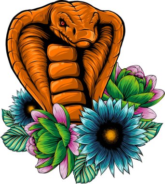 Kobra yılanı ve çiçeklerin çizimi