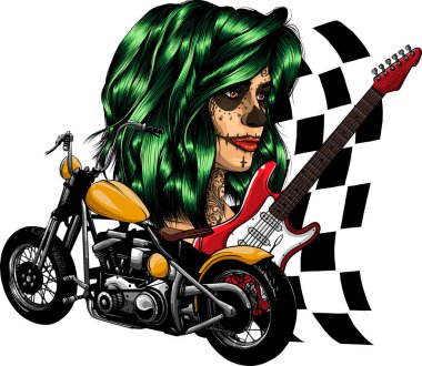 Beyaz arka planda motosikletli kadın kafatası ve gitarı gösterimi.