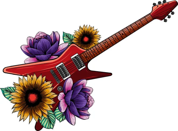 Ilustrasi Gitar Listrik Dengan Bunga - Stok Vektor