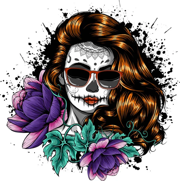 Ilustración Cráneo Chica Con Flor — Vector de stock