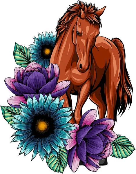 Illustration Von Pferd Mit Blume Auf Weißem Hintergrund — Stockvektor