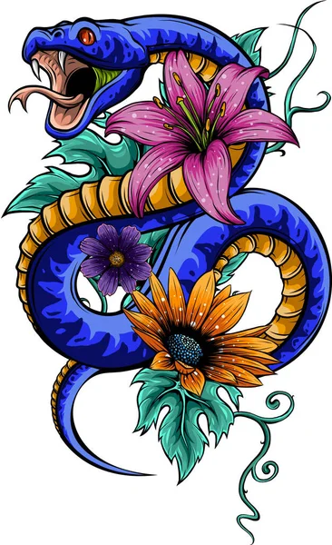 Ilustracja Węża Kwiatem Liśćmi — Wektor stockowy