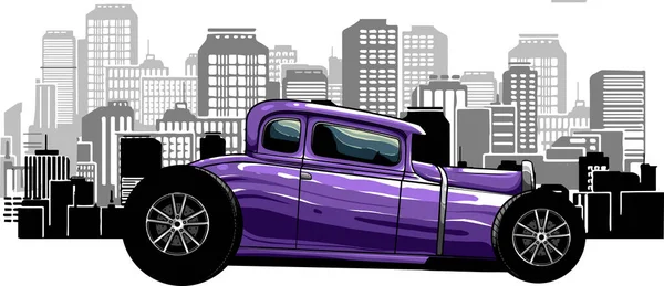 Ilustracja Hot Rod Samochodu Miasta Tle — Wektor stockowy