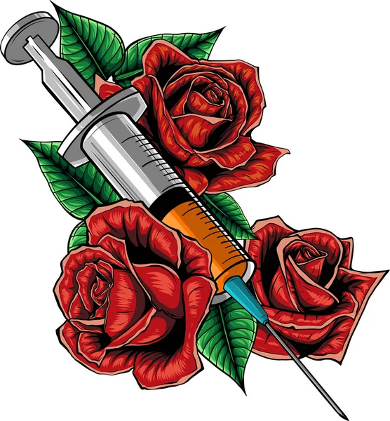 Illustration Seringue Avec Des Roses Sur Fond Blanc — Image vectorielle