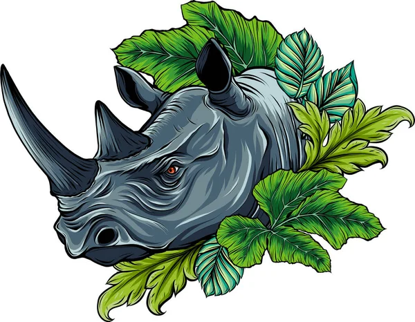 Illustration Rhinoceros Head Leaves — Stock Vector