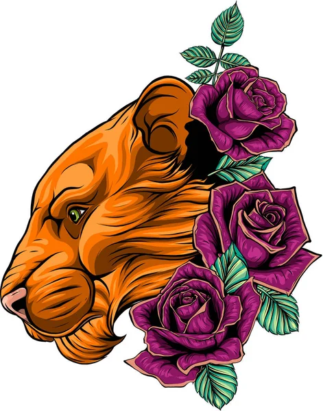 Ilustração Cabeça Leão Fêmea Com Rosas —  Vetores de Stock