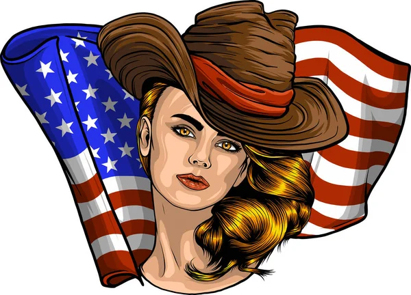 Illustrazione Donna Con Cappello Cowboy Bandiera Americana — Vettoriale Stock