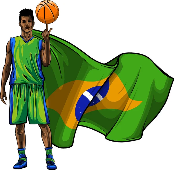Иллюстрация Баскетболиста Фоне Цветов Бразильского Флага Концепции Спорта — стоковый вектор