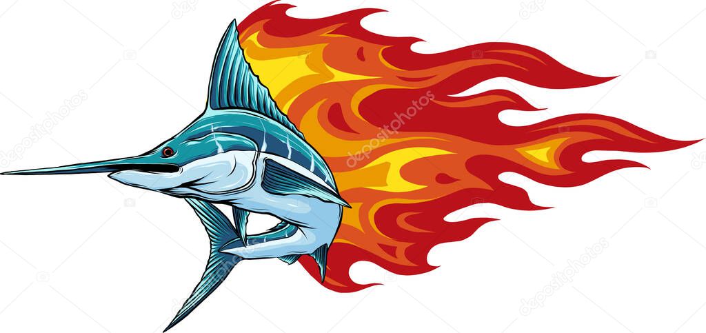 Illustration of marlin with flames on white background