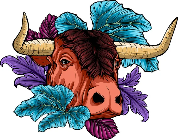 Illustration Bull Head Leaves — Stock Vector