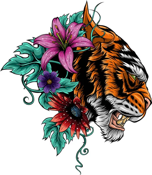 Illustration Tiger Head Colorful Flower — Stock Vector