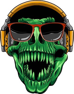 Dinozor T-rex 'in kulaklık ve güneş gözlükleriyle çizimi