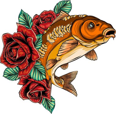 Beyaz arkaplanda güller olan sazan balığı çizimi