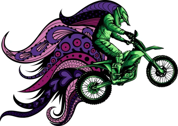 Ilustrace Motokrosu Jezdce Mandalskými Ornamenty — Stockový vektor