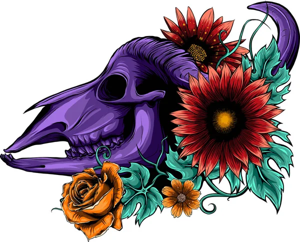 Illustration Buffalo Skull Flowers — Stock Vector