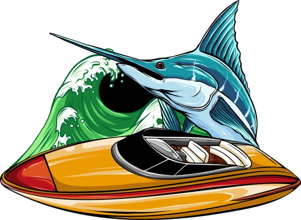 Illustrazione Motoscafo Con Pesce Marlin — Vettoriale Stock