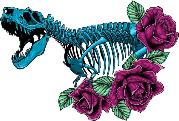 Εικονογράφηση Σκελετού Του Δεινόσαυρου Τυραννόσαυρου Τριαντάφυλλα Και Φύλλα — Διανυσματικό Αρχείο