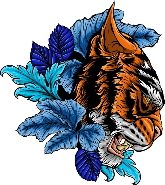 Иллюстрация Головы Тигра Листьями — стоковый вектор