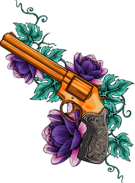 Ilustrasi Vektor Warna Revolver Dan Bunga - Stok Vektor