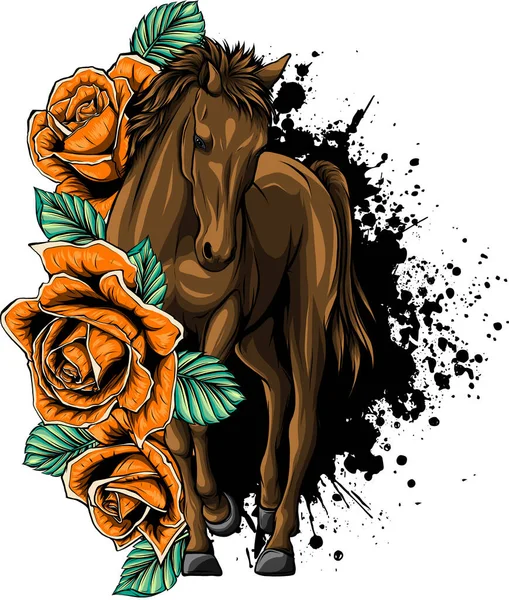 Vektorillustration Von Pferd Mit Roter Rose — Stockvektor