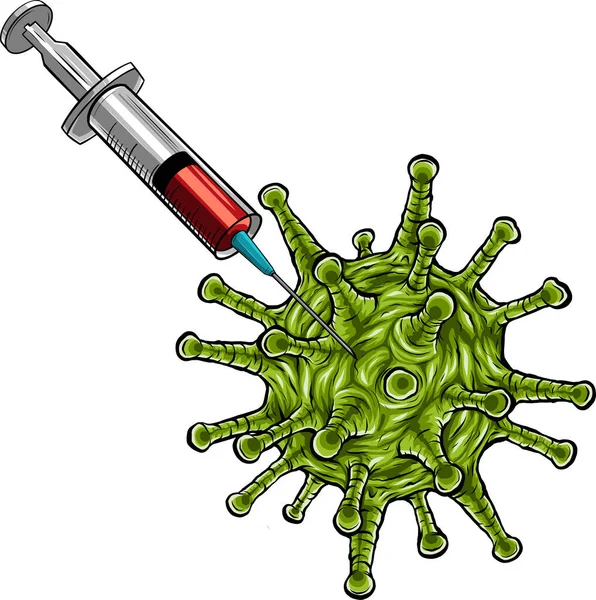 Virüs Sembolü Üzerinde Aşı Bulunan Şırınganın Çizimi — Stok Vektör