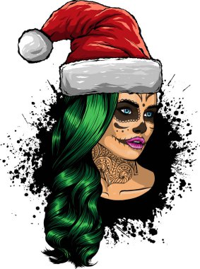 Makyaj kafatası takmış, Noel şapkalı bir kadın resmi.