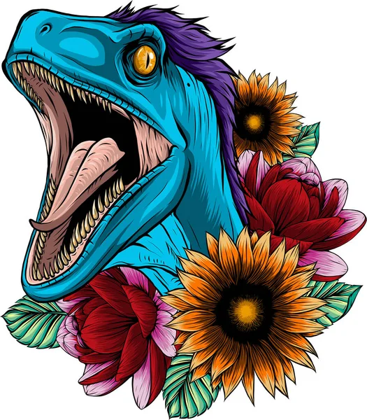 ヴェロキラプトル恐竜の花のイラスト — ストックベクタ