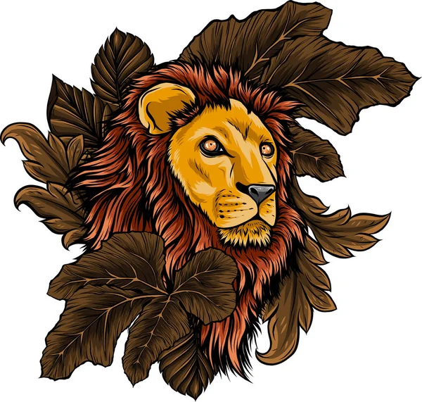 Illustration Des Löwenkopfes Umgeben Von Blättern Tropischer Pflanzen — Stockvektor