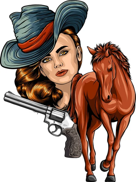 Cowgirl Femme Portant Chapeau Cow Boy Avec Mustang Cheval Vecteur — Image vectorielle
