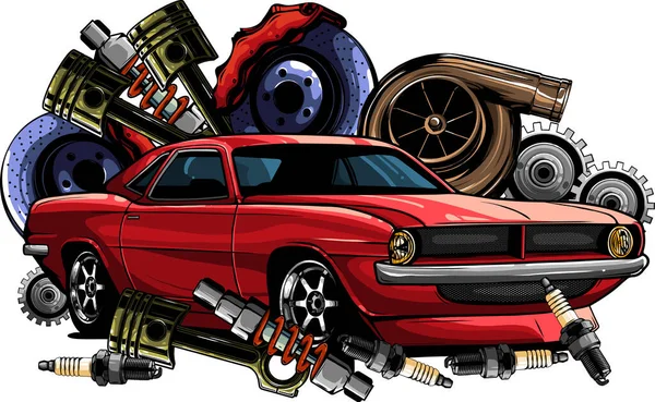 Vintage Συλλογή Εξαρτημάτων Αυτοκινήτων Κινητήρα Κινητήρα Εμβόλου Τιμόνι Ελαστικά Προβολείς — Διανυσματικό Αρχείο