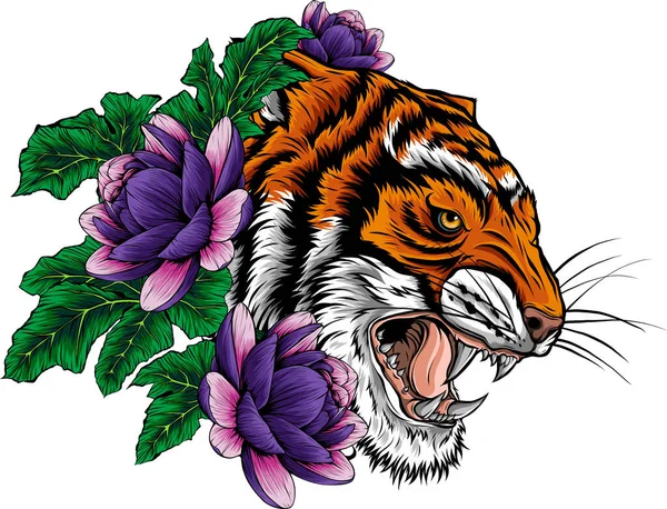 Illustration Tête Tigre Rugissement Avec Fleur Lotus — Image vectorielle